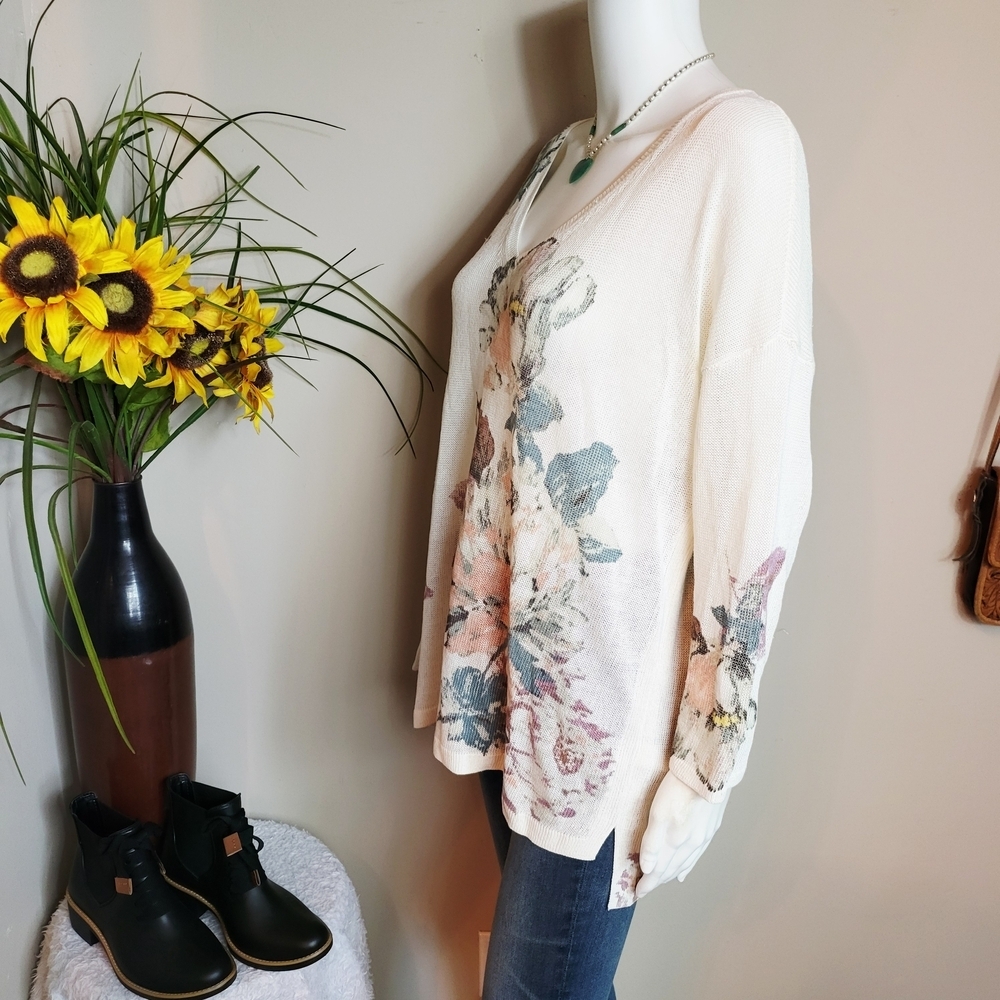 J. Jill Linen Floral Tunic Top Boho Cottagecore V Neck Oversized L - Picture 5 of 6